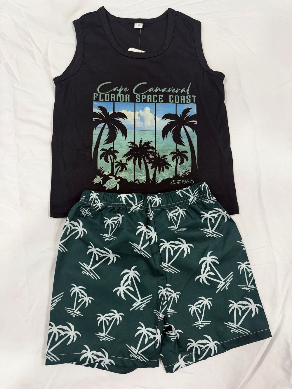 PatPat Black Tank Top with Green Palm-Print Pajama Shorts